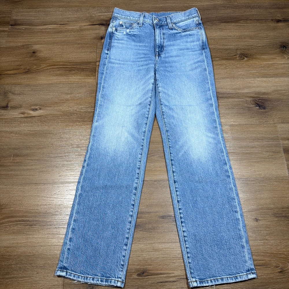 AYR The Lala High Rise Straight Leg Jeans Size 25S USA Made Blue Medium Distress